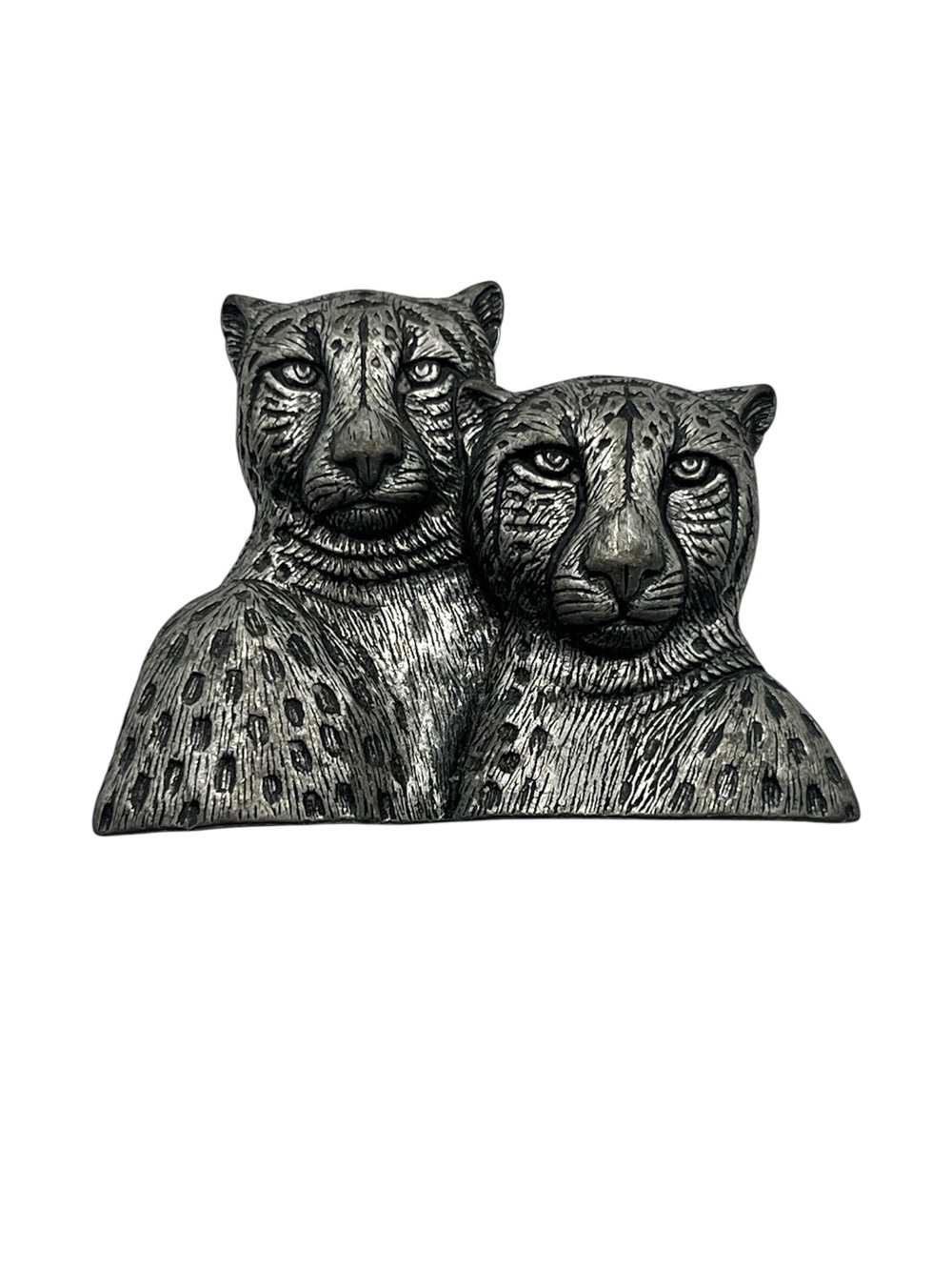 JJ Jonette silver tone twin cheetah leopard cats brooch pin vintage